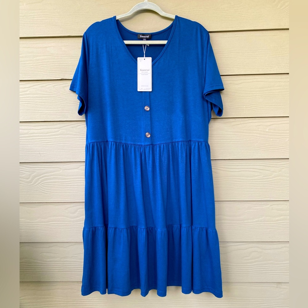 Fun layered blue dress with pockets. New with tags